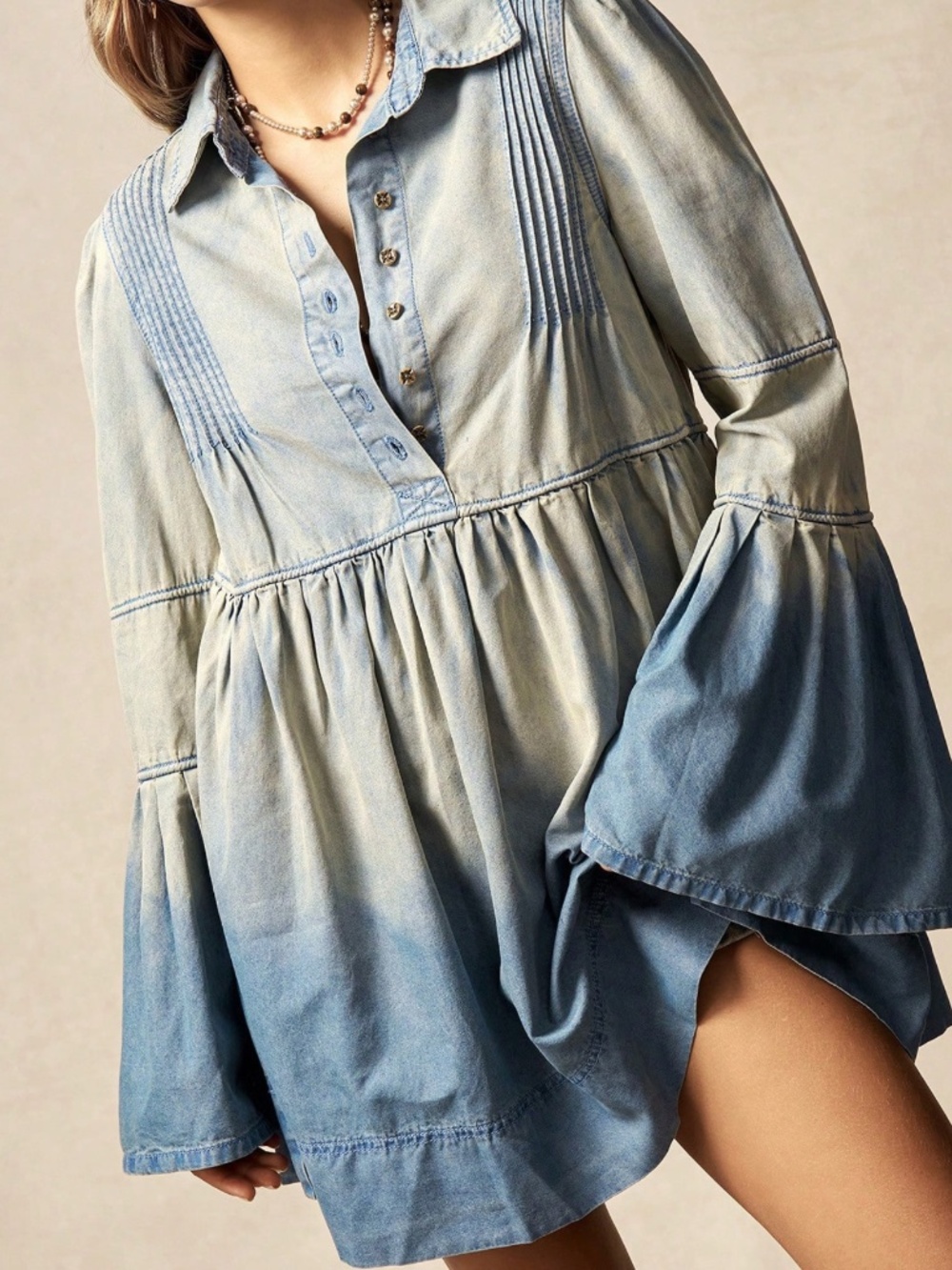 Western Ombre Pleated Detail Half Button Flared Long Sleeve Ruffle Dress